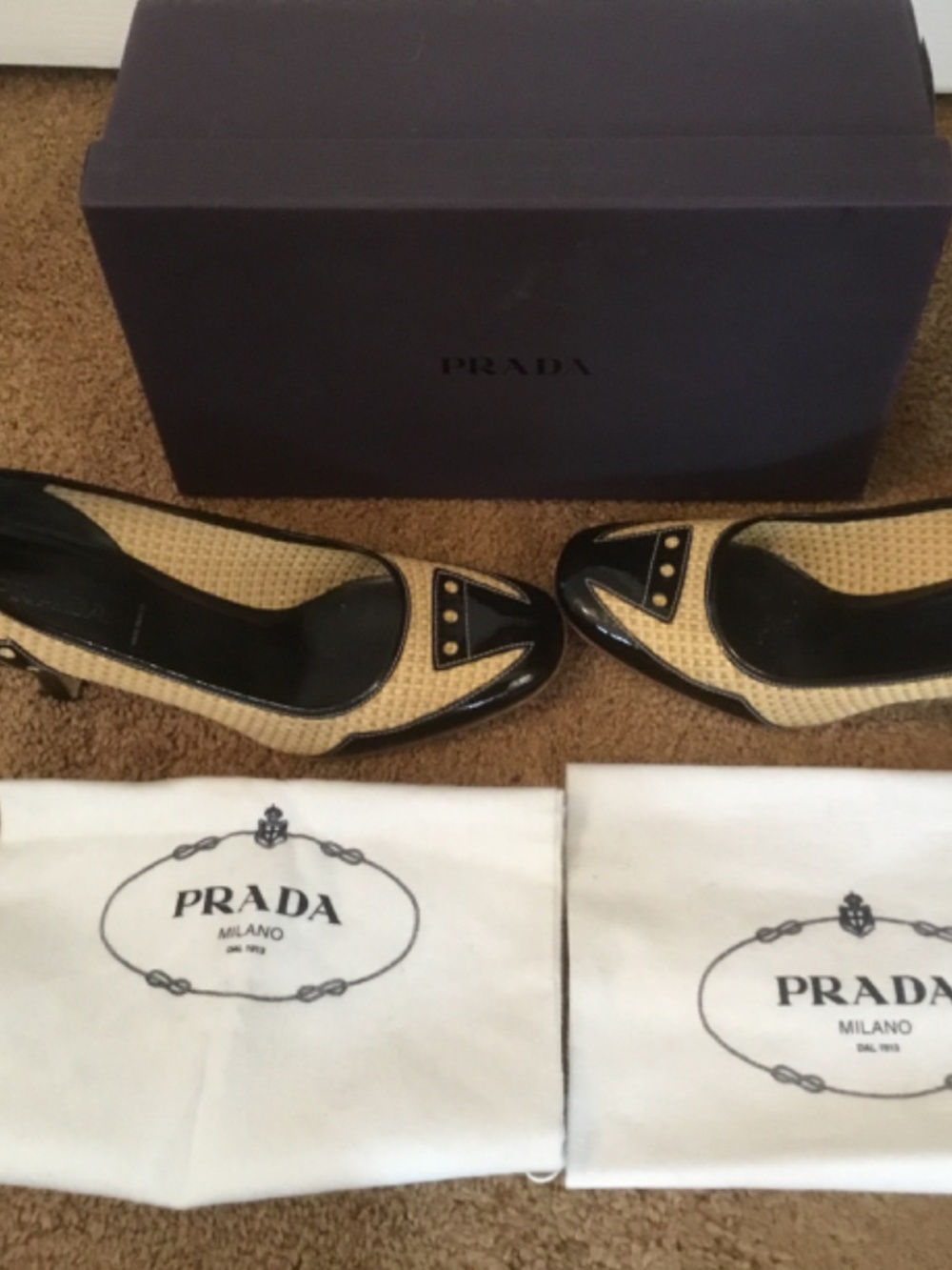 Prada Woven Raffia High Heels Cap Toe Patent Leather Heels (Size 8 1/2) - Picture 14 of 16